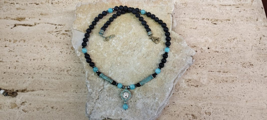 Collana Unisex 60cm in Pietra Lavica & Amazzonite – Ciondolo Moneta Romana in Argento