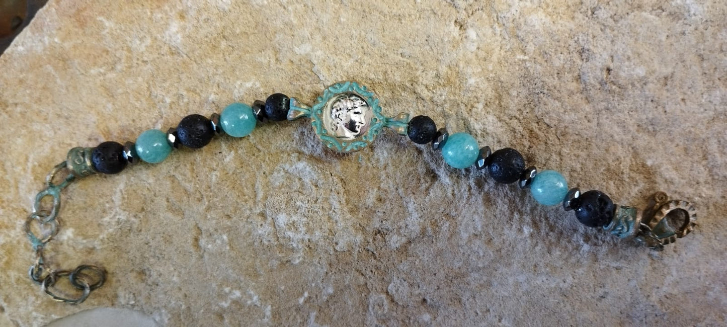 Bracciale Regolabile 16-21cm "Maestria Romana" – Pietra Lavica, Amazzonite e Moneta in Argento con David di Michelangelo